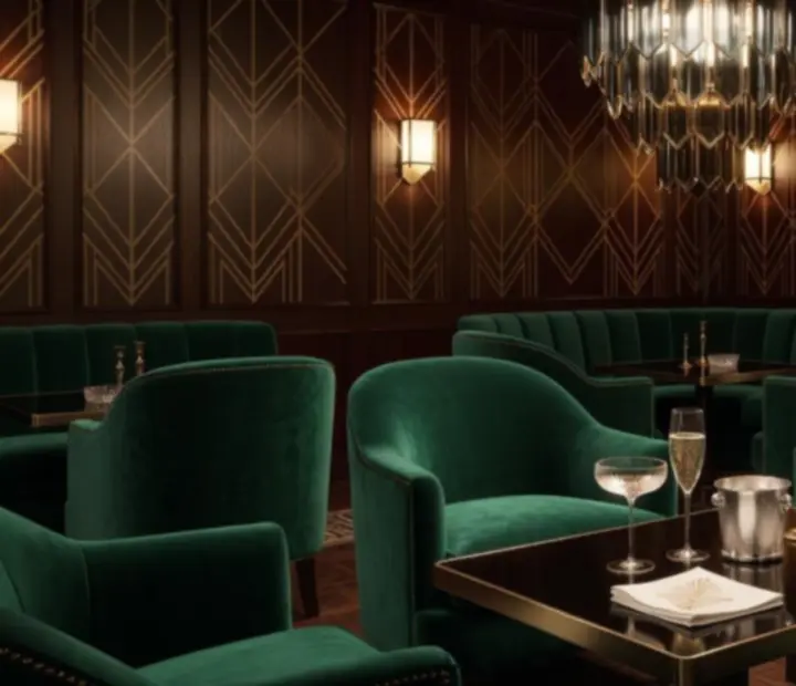 Detal wnętrza Art Deco Lounge z mosiężną lampą, kryształowym szkłem i geometrycznymi wzorami.