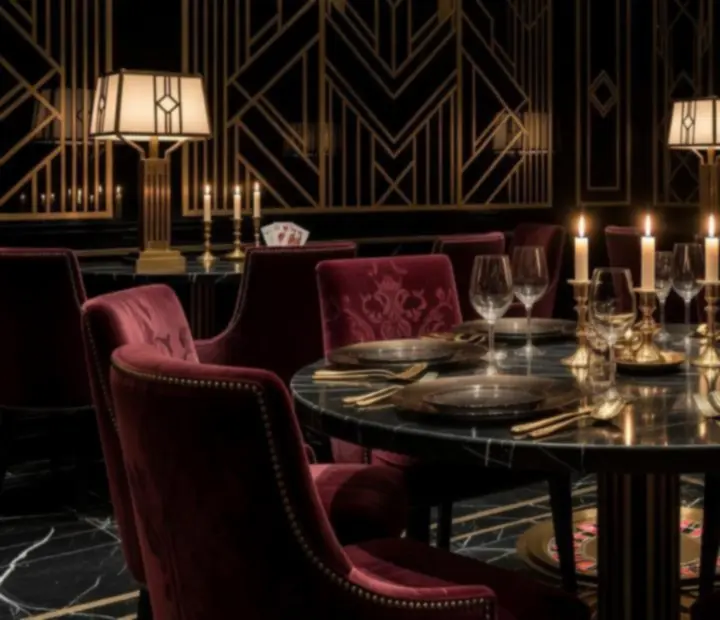 Art déco wystrój restauracji z aksamitnymi fotelami, mosiężnymi lampami i stołami casino w nastrojowym świetle