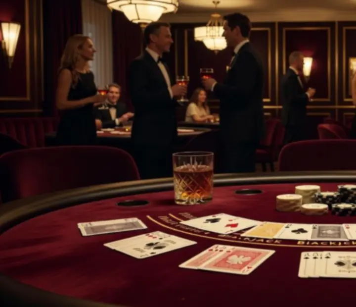 Stół do blackjacka, koktajle i goście w nastrojowym casino lounge