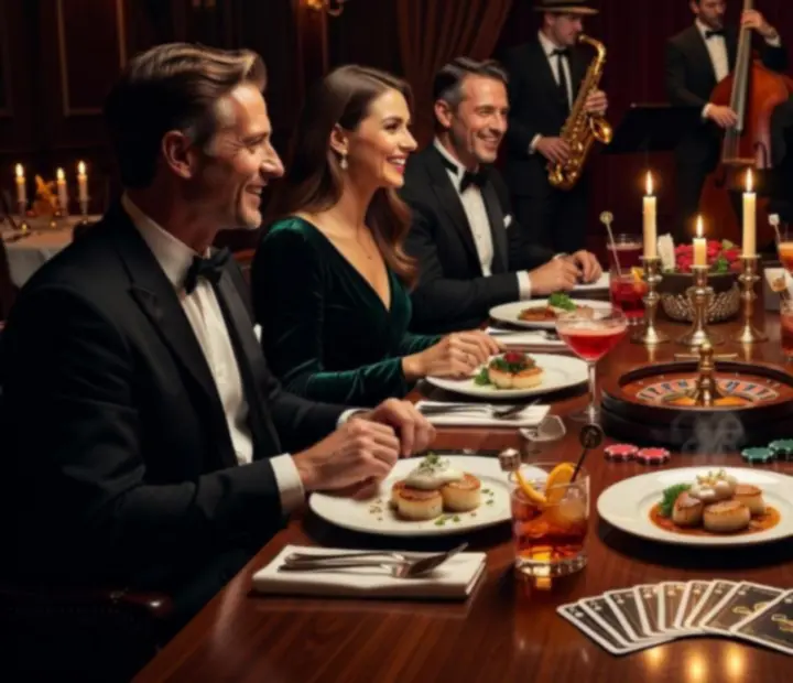 Kolacja degustacyjna podczas wieczoru Casino Dinner w Wonderstar s. r. o. z elegancką zastawą i stołem do gry w tle