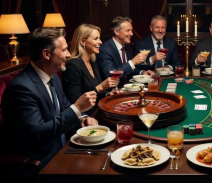 Stół do gry przygotowany na firmowy wieczór casino z elegancką zastawą i kartami
