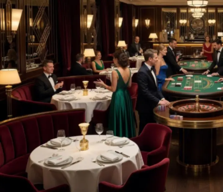 Cinematiczny wieczór w restauracji Wonderstar s. r. o. z eleganckimi stołami i atmosferą luksusowego kasyna