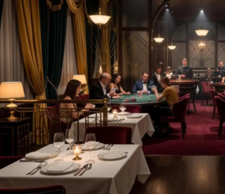 Elegancka sala restauracyjna z nakrytymi stołami i stołami do gry w tle