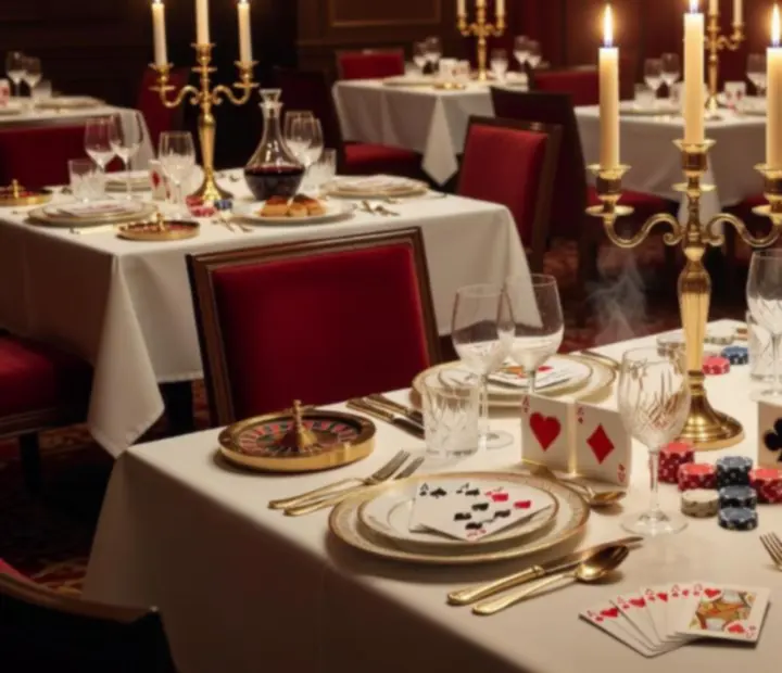 Stoły restauracyjne przygotowane na wieczór tematyczny z elementami kasyna