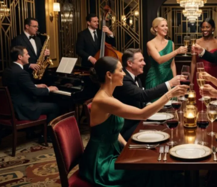 Stylowi goście przy eleganckich stołach, otoczeni wnętrzem restauracji z motywami casino lounge