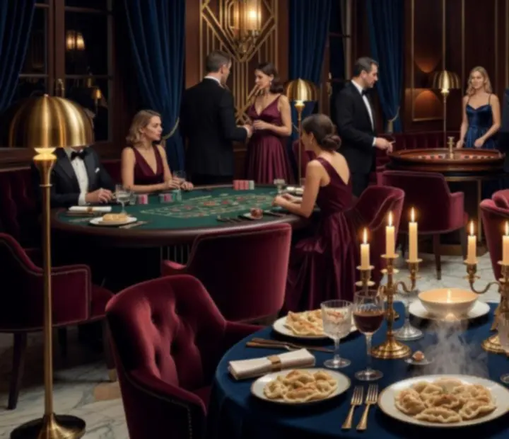 Elegancki wieczór casino w restauracji Wonderstar s. r. o. z nakrytymi stołami i stołami do gier