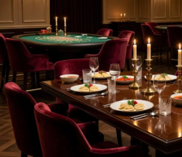 Elegancka sala restauracyjna przechodząca w strefę casino lounge z pokerem, ruletką i blackjackiem