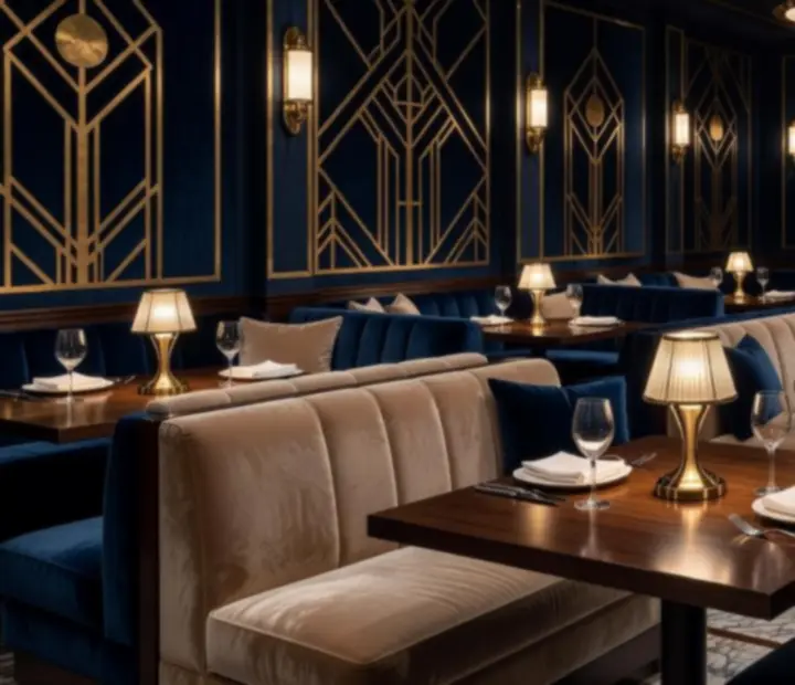 Art déco wnętrze restauracji z aksamitnymi sofami, kryształami i detalami z mosiądzu