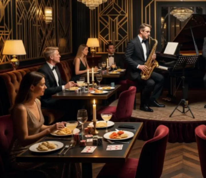 Wieczór Jazz & Casino z muzykami i gośćmi przy stołach do gry