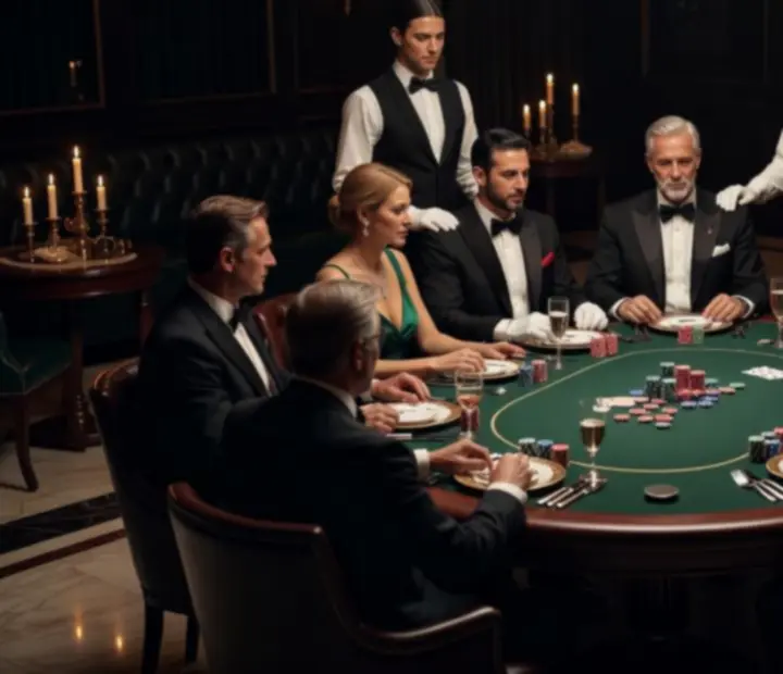 Elegancki stół pokerowy w restauracji Wonderstar s. r. o. z kartami, żetonami i kieliszkami wina.
