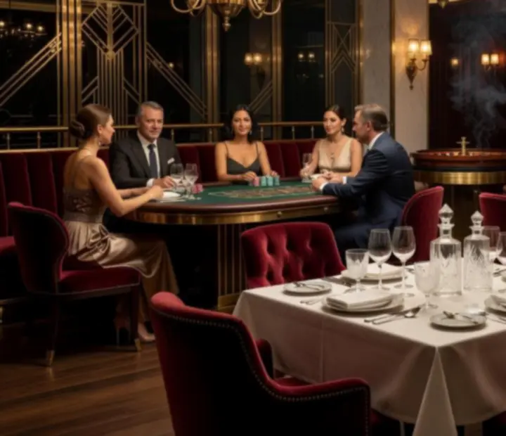 Elegancka sala restauracyjna Wonderstar s. r. o. z nakrytymi stołami i kasynowym lounge w tle
