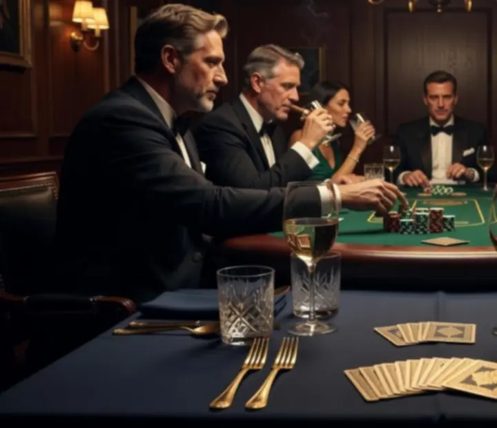 Poker Night w Wonderstar s. r. o. z elegancko ubranymi gośćmi i stołem pokerowym