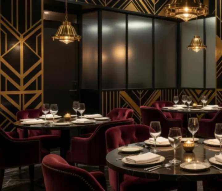 Wnętrze restauracji w stylu Art Deco z marmurem i welurem