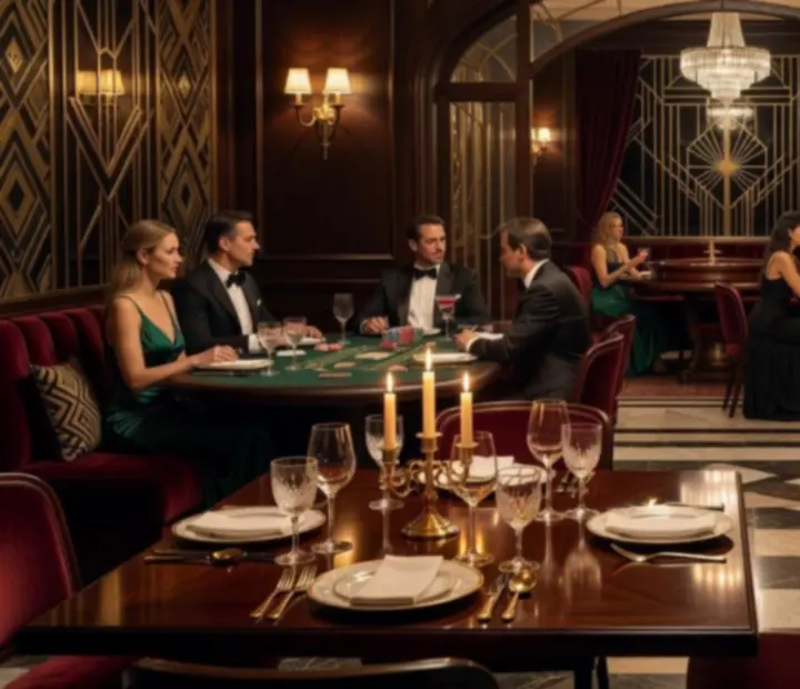 Wejście do eleganckiej restauracji z kasynowym lounge